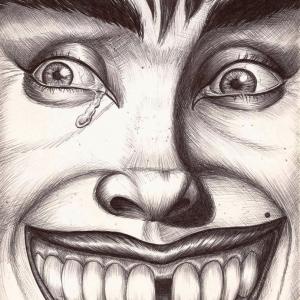 Artwork:  Close-up of unnamed character drawn in ink.